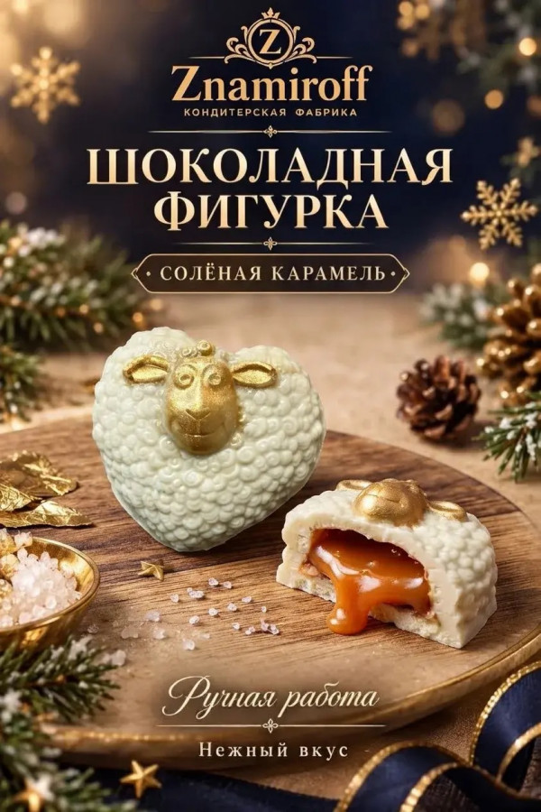 №1 Шоколад фигурный "Овечка-сердечко" белый шоколад с начинкой солёная карамель(блок 5шт по 70г) в Краснодаре