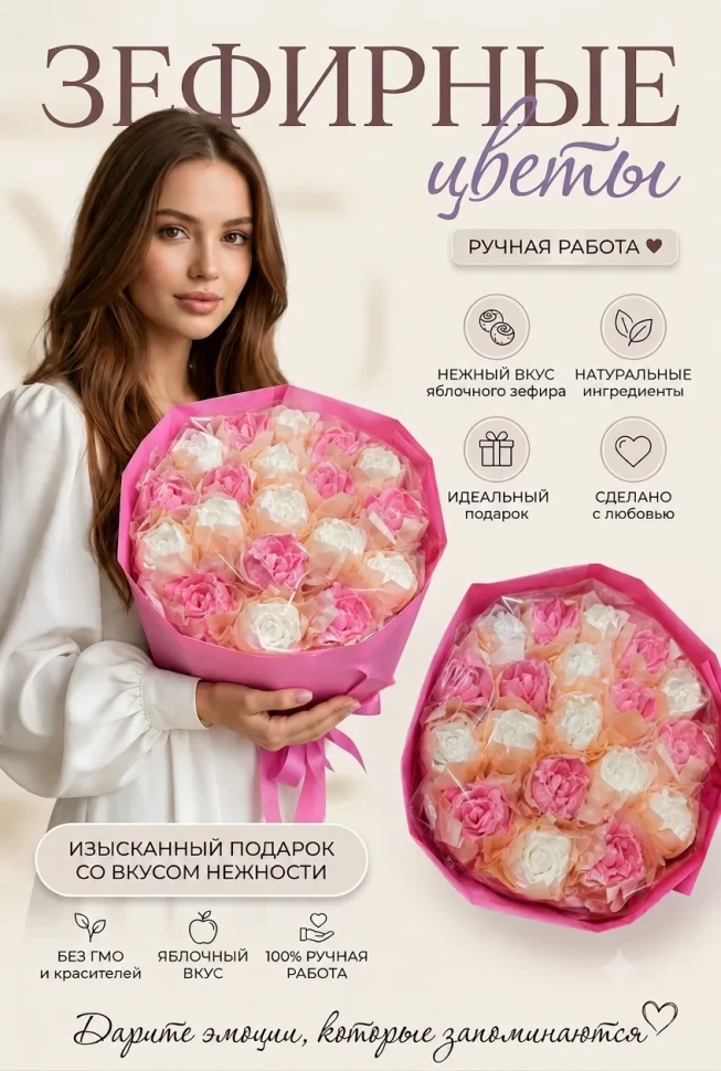  Букет Зефирный Размер XL бело-розовый,350г в Краснодаре